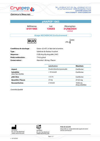 Certificat d'analyses pNAPEP-1065 Substrat Chromogène FXa